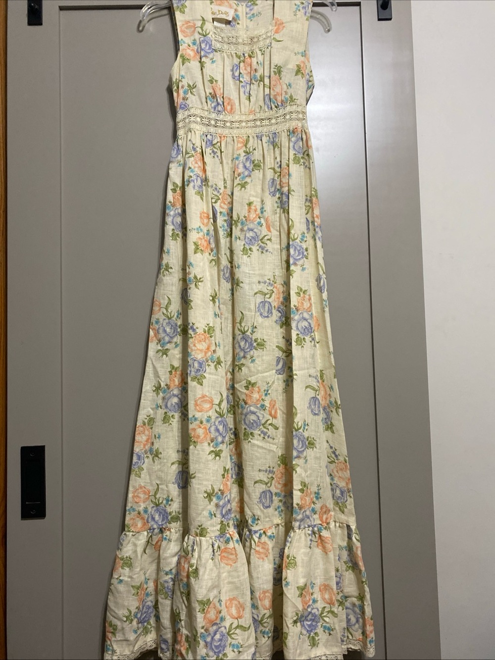 Vintage 70’s Rag Doll Cream Floral Maxi Dress with Blue and Peach Flowers